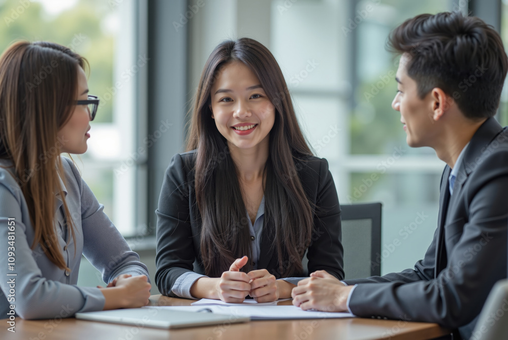 young Asian woman seated in a bright, modern office smiling at two people, a man and a woman, who are seated across from her. young Asian woman seated in a bright, modern office smiling at two people, a man and a woman, who are seated across from her.