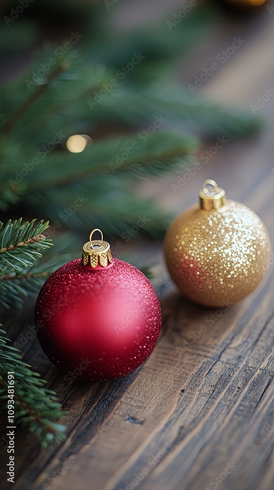 Red and Gold Christmas Ornaments on Wooden Background Red and Gold Christmas Ornaments on Wooden Background
