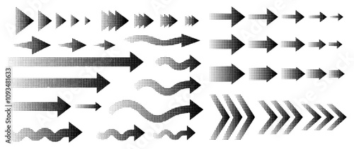 Set of different shapes of halftone effect arrows, hand-drawn in black for design in fun presentations and animated visuals with tonal gradient effect. vector illustration