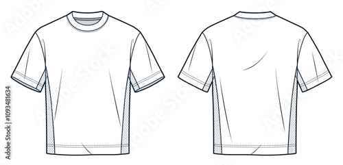 Mesh Trim T-Shirt fashion flat technical drawing template. Unisex Tee Shirt technical fashion illustration, relaxed fit, front and back view, white, women, men, unisex CAD mockup.