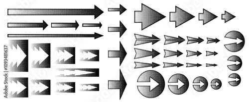 Set of different shapes of halftone effect arrows, hand-drawn in black for design in fun presentations and animated visuals with tonal gradient effect. vector illustration