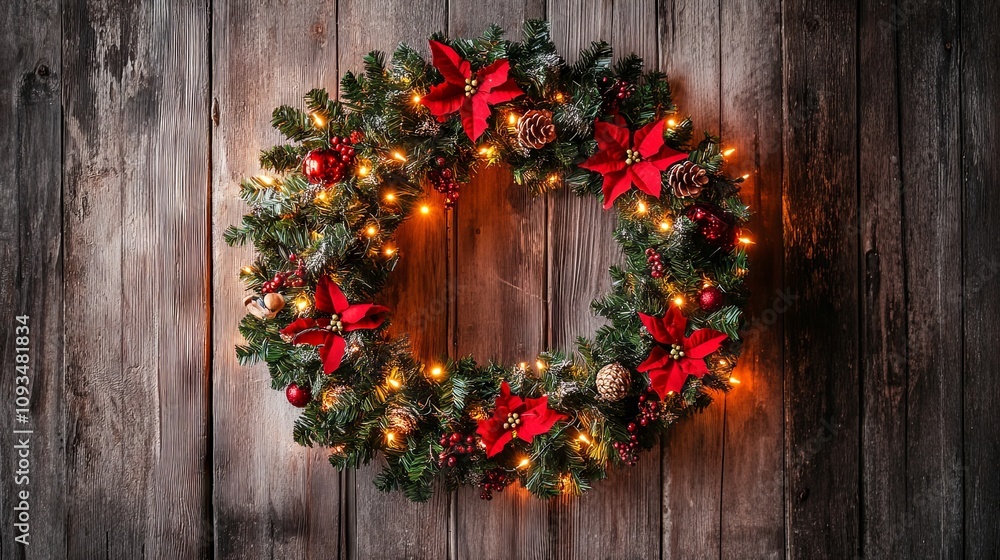 Christmas Wreath with Red Poinsettia and Lights on Rustic Wood Christmas Wreath with Red Poinsettia and Lights on Rustic Wood