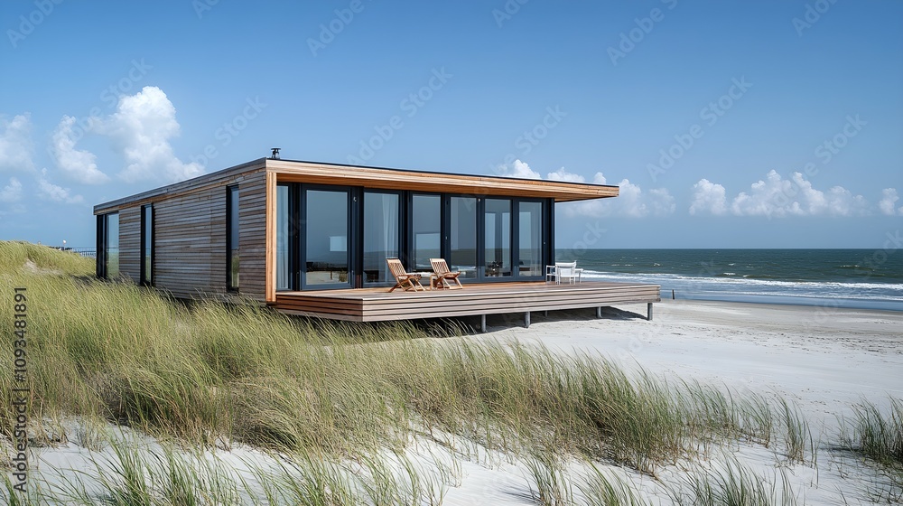 Holidays on a sandy beach and leisure in a waterfront wooden cottage at Katwijkonzee in the North Sea of the Netherlands Holidays on a sandy beach and leisure in a waterfront wooden cottage at Katwijkonzee in the North Sea of the Netherlands