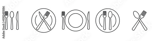 Simple set of spoon, fork, knife and plate icon set in line, menu logo, Symbol of cutlery. Cutlery or tableware in restaurant, kitchen. Vector illustration on transparent background.