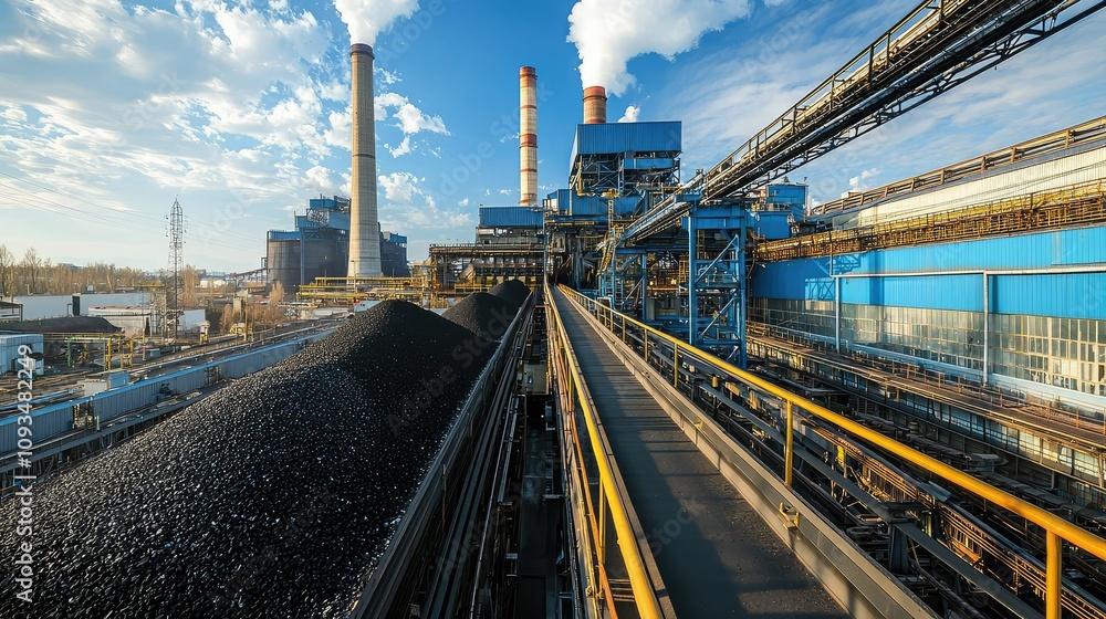 Fototapeta premium Industrial Landscape with Smokestacks and Coal Storage, Featuring a Modern Power Plant Against a Brilliant Sky: A Study of Energy Production and Infrastructure
