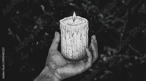 Black and white drawing of african american hand holding a textured candle in darkness