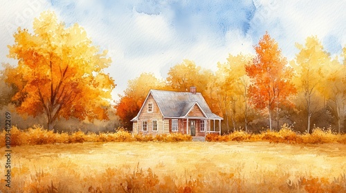 A serene autumn landscape featuring a cozy house surrounded by colorful trees.