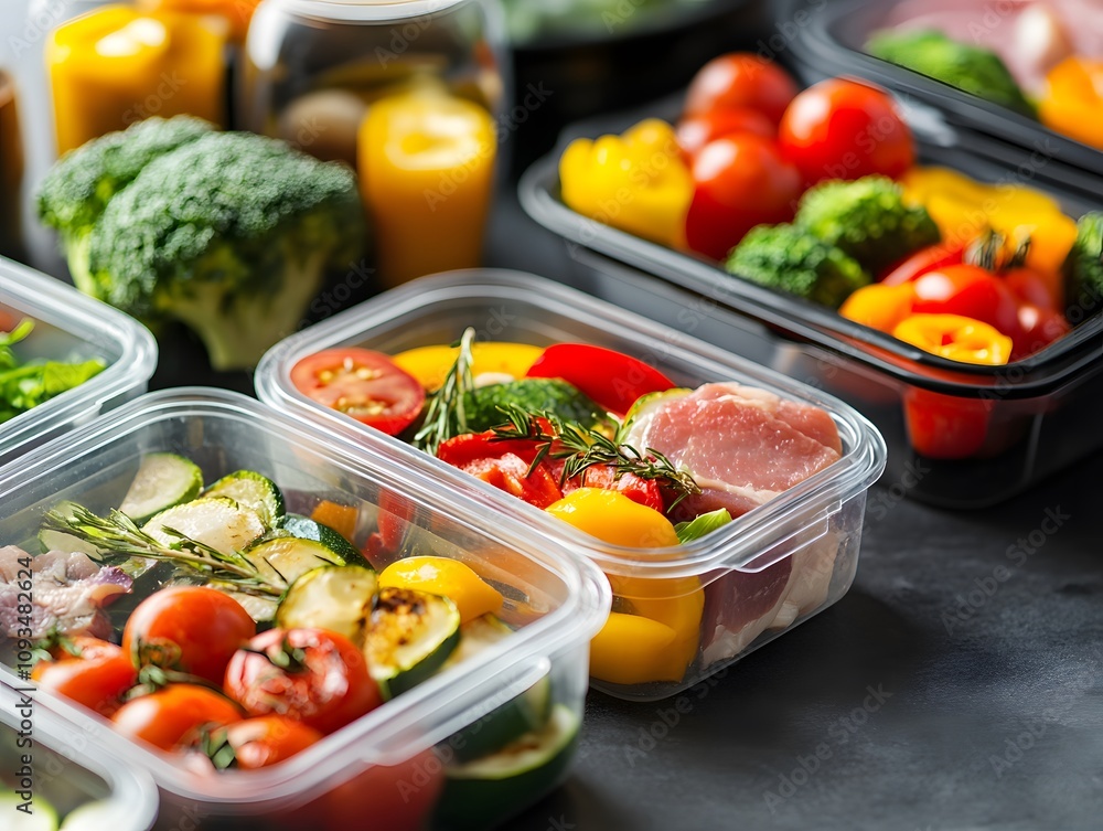 Nutrient-rich meal prep containers filled with colorful vegetables and lean meats organized on a countertop for healthy eating Nutrient-rich meal prep containers filled with colorful vegetables and lean meats organized on a countertop for healthy eating
