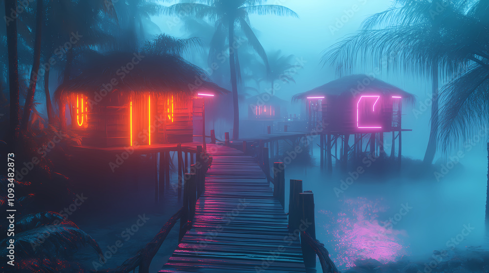 Futuristic wooden path in a neon-lit swamp, glowing stilt houses and misty landscape, creating a mystical and immersive scene. mystical. illustration. Foggy Swamp Landscape. Illustration Futuristic wooden path in a neon-lit swamp, glowing stilt houses and misty landscape, creating a mystical and immersive scene. mystical. illustration. Foggy Swamp Landscape. Illustration
