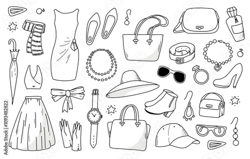 Clothes and accessorize doodles set, fashion collection for prints, social media decor, banners, signs, cards, stickers, planners, etc. EPS 10