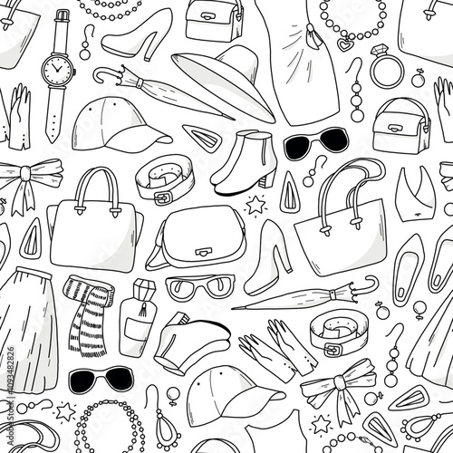 fashion doodles seamless pattern with monochrome doodles for wallpaper, scrapbooking, stationery, backgrounds, textile prints, etc. EPS 10