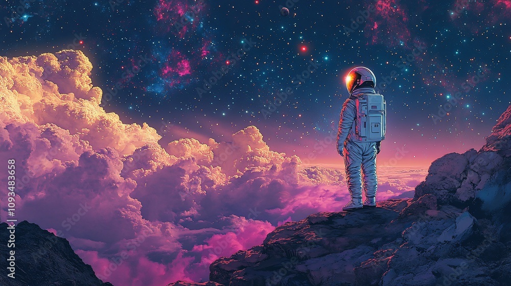 Astronaut on alien planet, gazing at nebula. Astronaut on alien planet, gazing at nebula.