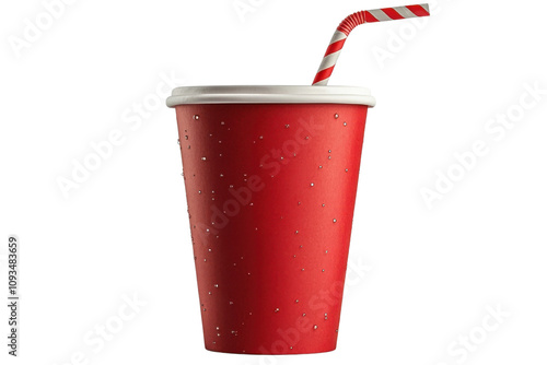 Red paper cup with drinking straw isolated on transparent background