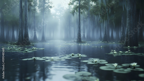 A lush and moody 3d visualization of a cypress swamp with water lilies and ethereal mist floating over the still reflective water. Foggy Swamp Landscape. Illustration
