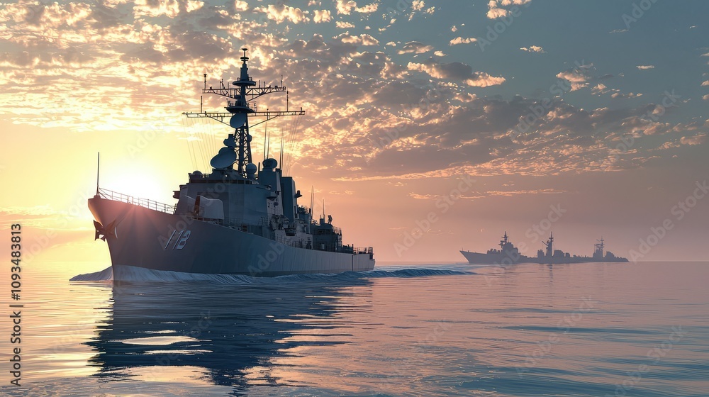 Naval Warship at Sunset on Calm Waters with Dramatic Sky and Silhouetted Ships on the Horizon Creating a Serene Maritime Scene Naval Warship at Sunset on Calm Waters with Dramatic Sky and Silhouetted Ships on the Horizon Creating a Serene Maritime Scene