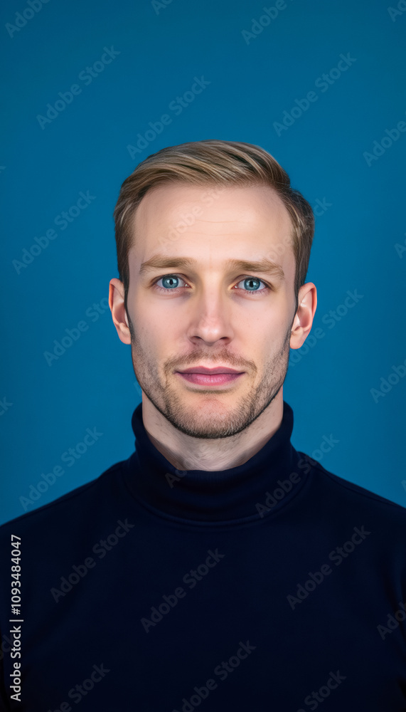 Obraz premium Man with Light Brown Hair in Dark Blue Turtleneck Sweater on Solid Blue Background