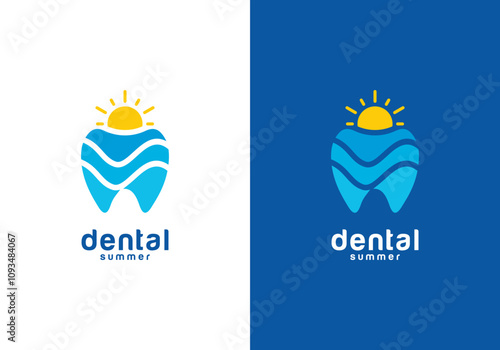 dental sun sea logo. nature implant tooth health vector design template