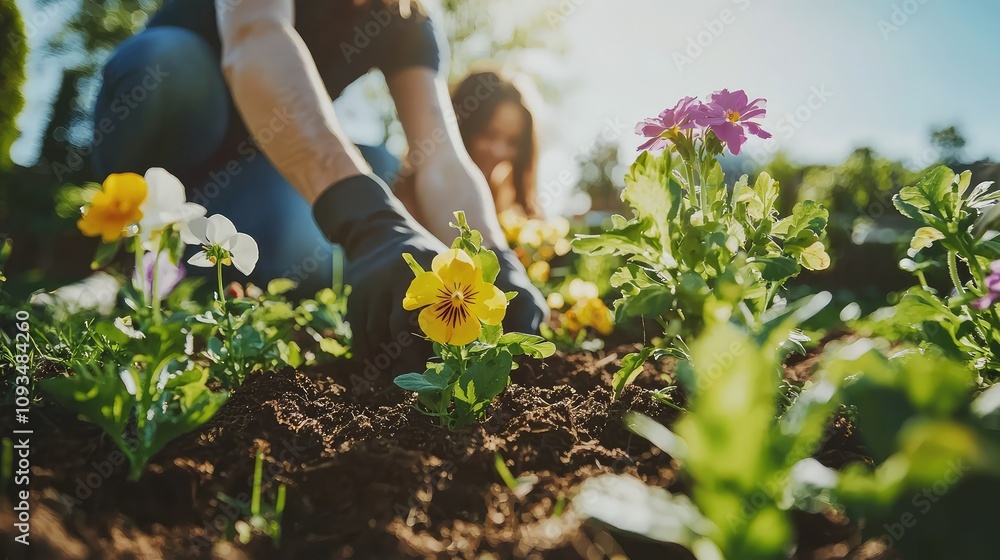 Engaging in Flower Planting: Close-Up of Hands in Garden Soil with Colorful Blossoms and Vibrant Greenery Under a Bright Sunny Sky Engaging in Flower Planting: Close-Up of Hands in Garden Soil with Colorful Blossoms and Vibrant Greenery Under a Bright Sunny Sky