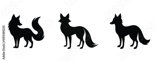 Silhouettes of three foxes in different poses, featuring bushy tails and pointed ears. The black-and-white design highlights elegance and simplicity