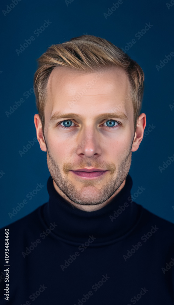 Man with Light Brown Hair in Dark Blue Turtleneck Sweater on Solid Blue Background Man with Light Brown Hair in Dark Blue Turtleneck Sweater on Solid Blue Background