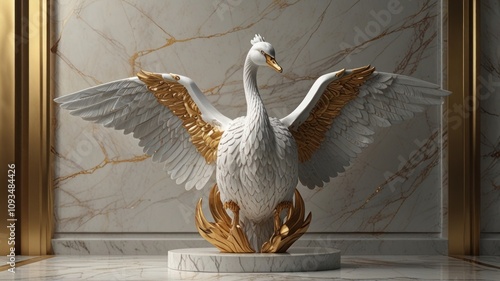 Fototapeta Naklejka Na Ścianę i Meble -  Here's a caption and keywords for your stock image.. Elegant white swan statue with gold accents, displayed on marble.