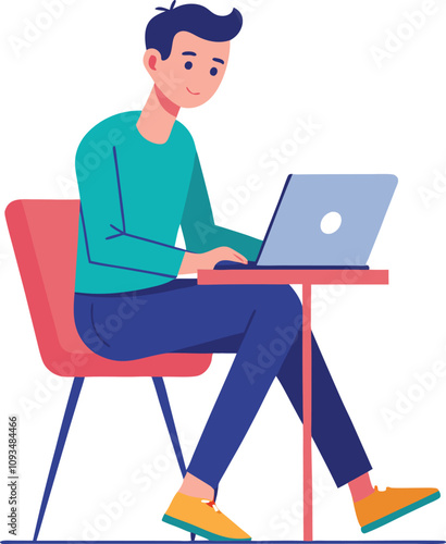 a boy is using his laptop vector