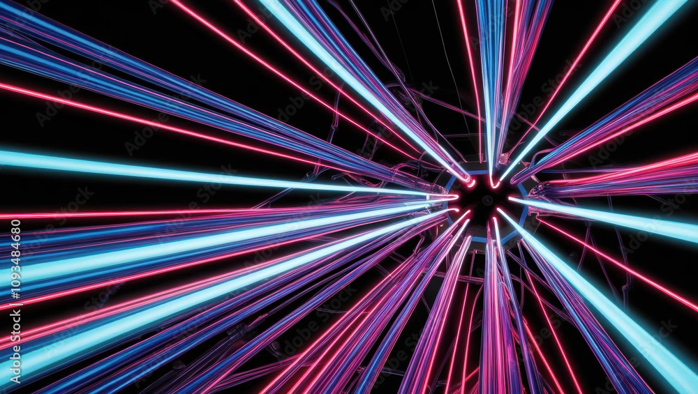 Vibrant neon pathways radiate from central point, creating abstract tech web of glowing fiber optics. This ultra modern data visualization evokes sense of dynamic energy Vibrant neon pathways radiate from central point, creating abstract tech web of glowing fiber optics. This ultra modern data visualization evokes sense of dynamic energy