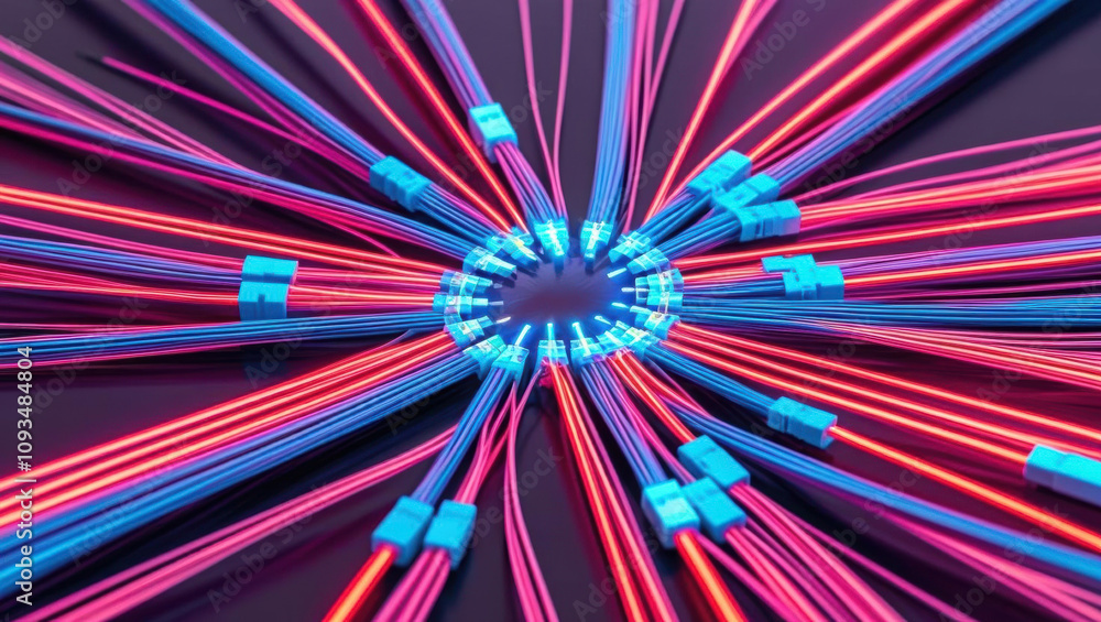 Fototapeta premium Advanced fiber optics create glowing neon data pathways, showcasing interconnected network of nodes in modern tech visualization. vibrant colors evoke sense of innovation and connectivity