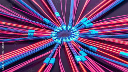 Advanced fiber optics create glowing neon data pathways, showcasing interconnected network of nodes in modern tech visualization. vibrant colors evoke sense of innovation and connectivity