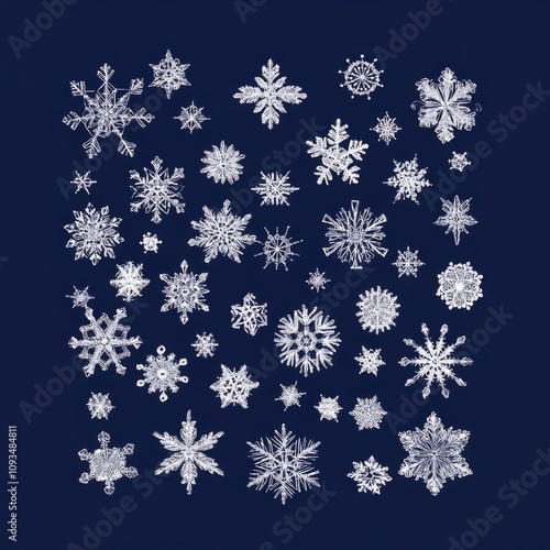 A series of contemporary snowflakes. A group of twenty white winter symbols on a blue backdrop.