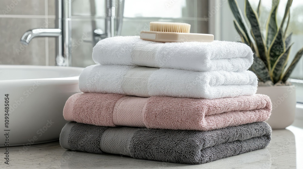 Soft and Plush Towels Stacked on a Bathroom Counter with a Brush and Indoor Plant in a Modern Setting Soft and Plush Towels Stacked on a Bathroom Counter with a Brush and Indoor Plant in a Modern Setting