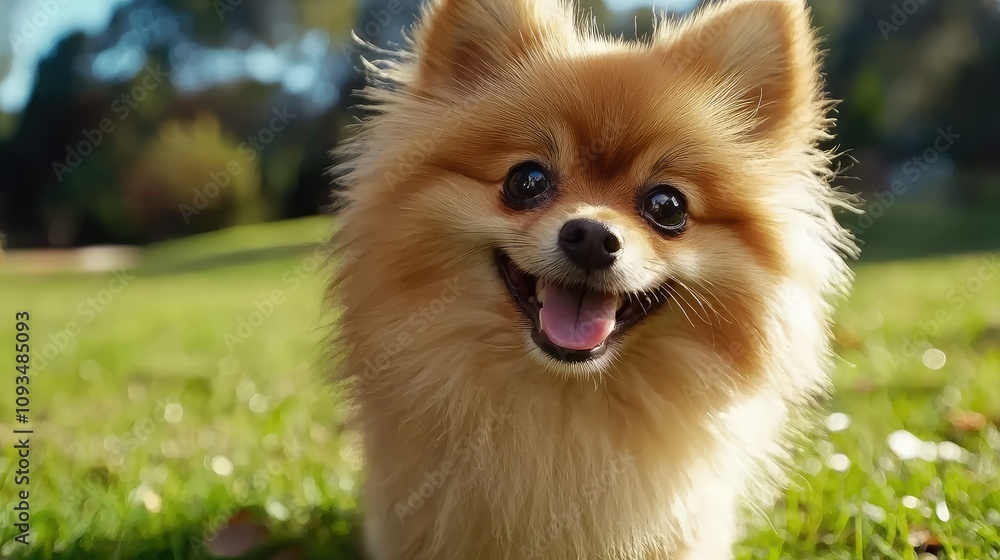 Cheerful Pomeranian Dog with Fluffy Fur Enjoying a Sunny Day in a Green Park, Capturing the Essence of Joy and Playfulness in Nature Cheerful Pomeranian Dog with Fluffy Fur Enjoying a Sunny Day in a Green Park, Capturing the Essence of Joy and Playfulness in Nature
