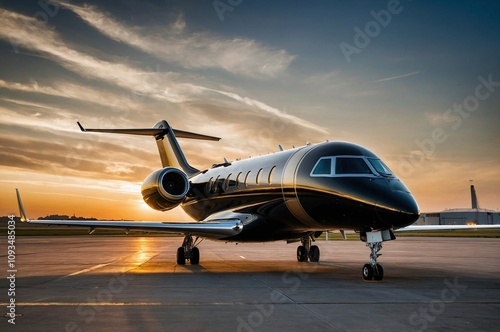 The business Jet plane is parked at the airport.Luxury class. photo