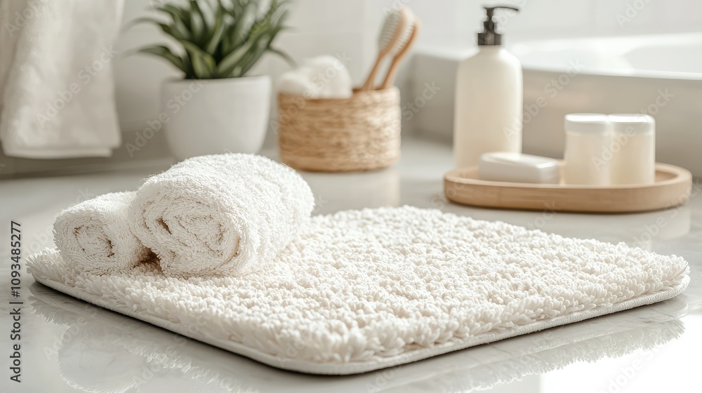 Soft White Bath Mats and Rolled Towels in a Modern Bathroom Setting with Natural Elements and Neutral Tones for a Calm and Inviting Atmosphere Soft White Bath Mats and Rolled Towels in a Modern Bathroom Setting with Natural Elements and Neutral Tones for a Calm and Inviting Atmosphere