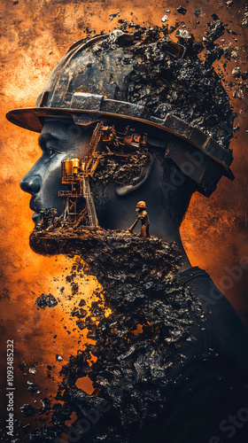 Surreal Portrait of a Metal Worker with Molten Glowing Details and Industrial Fantasy Elements in a Dramatic Design photo