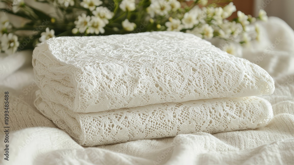 Elegant White Lace Textiles Stacked on Soft Cream Fabric with Delicate Flowers in the Background, Perfect for Home Decor and Fashion Photography Elegant White Lace Textiles Stacked on Soft Cream Fabric with Delicate Flowers in the Background, Perfect for Home Decor and Fashion Photography