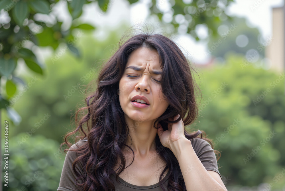 Photograph of an Indian woman with long, wavy dark hair, wearing a grey shirt, in a park, looking distressed. Photograph of an Indian woman with long, wavy dark hair, wearing a grey shirt, in a park, looking distressed.