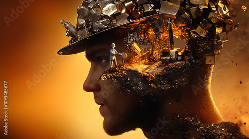 Surreal Portrait of a Metal Worker with Molten Glowing Details and Industrial Fantasy Elements in a Dramatic Design photo