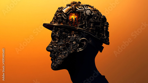 Surreal Portrait of a Metal Worker with Molten Glowing Details and Industrial Fantasy Elements in a Dramatic Design photo