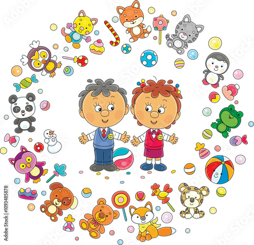 Happy little boy and girl surrounded by funny colorful toys, vector cartoon illustration on a white background