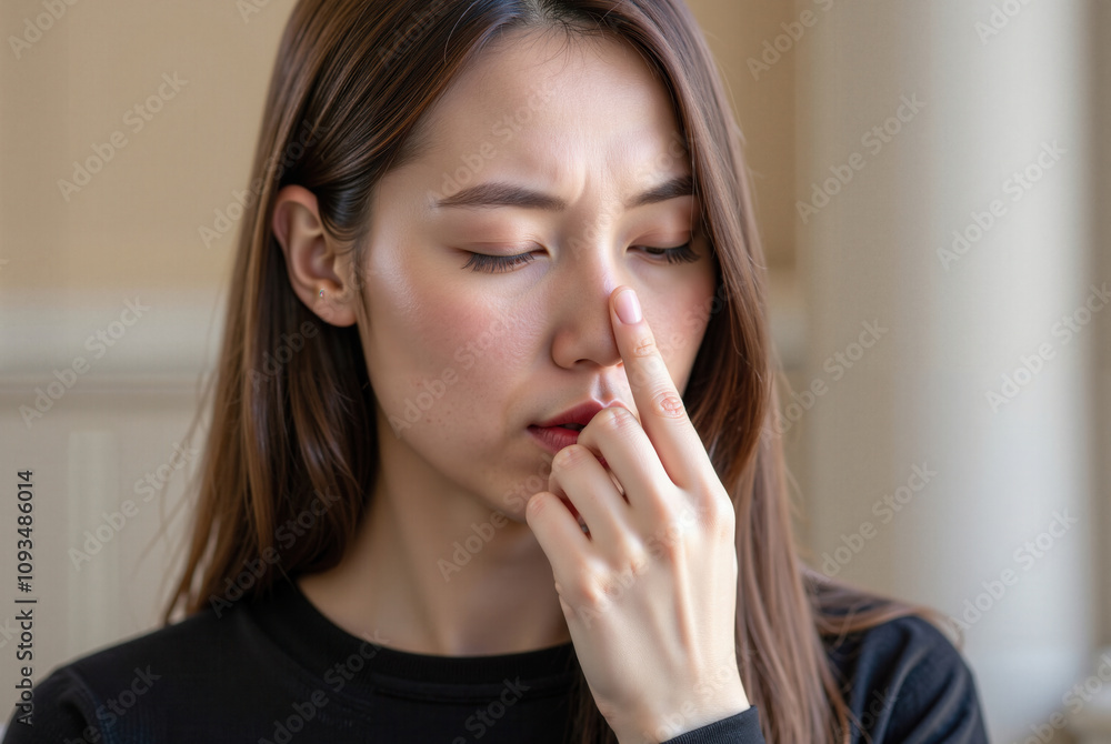 Photograph of a young Asian woman with long brown hair, eyes closed, gently touching her face, in a serene setting. Photograph of a young Asian woman with long brown hair, eyes closed, gently touching her face, in a serene setting.
