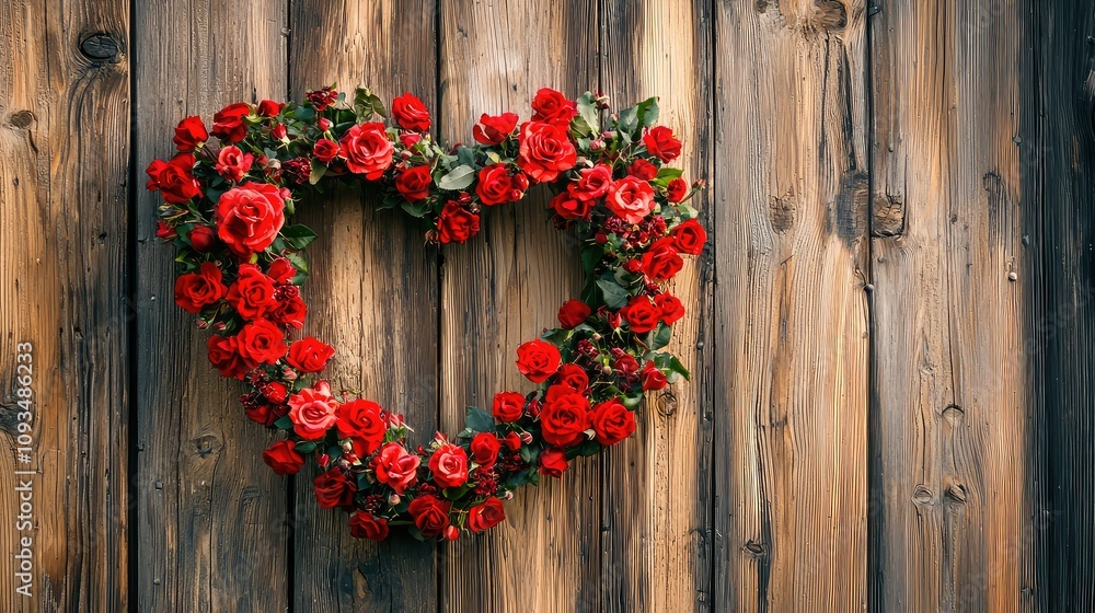 Beautiful Heart-Shaped Arrangement of Red Roses on Rustic Wooden Background, Symbolizing Love, Romance, and Affection for Special Occasions and Celebrations Beautiful Heart-Shaped Arrangement of Red Roses on Rustic Wooden Background, Symbolizing Love, Romance, and Affection for Special Occasions and Celebrations