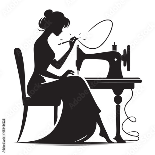 Person sewing with a needle silhouette vector art black color design and solid white background 