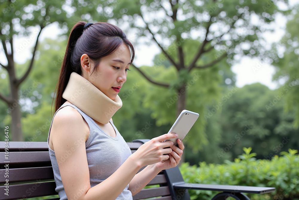 Photograph of an Asian woman in a gray coat, neck support cervical collar, holding a tablet outdoors, with blurred greenery background.