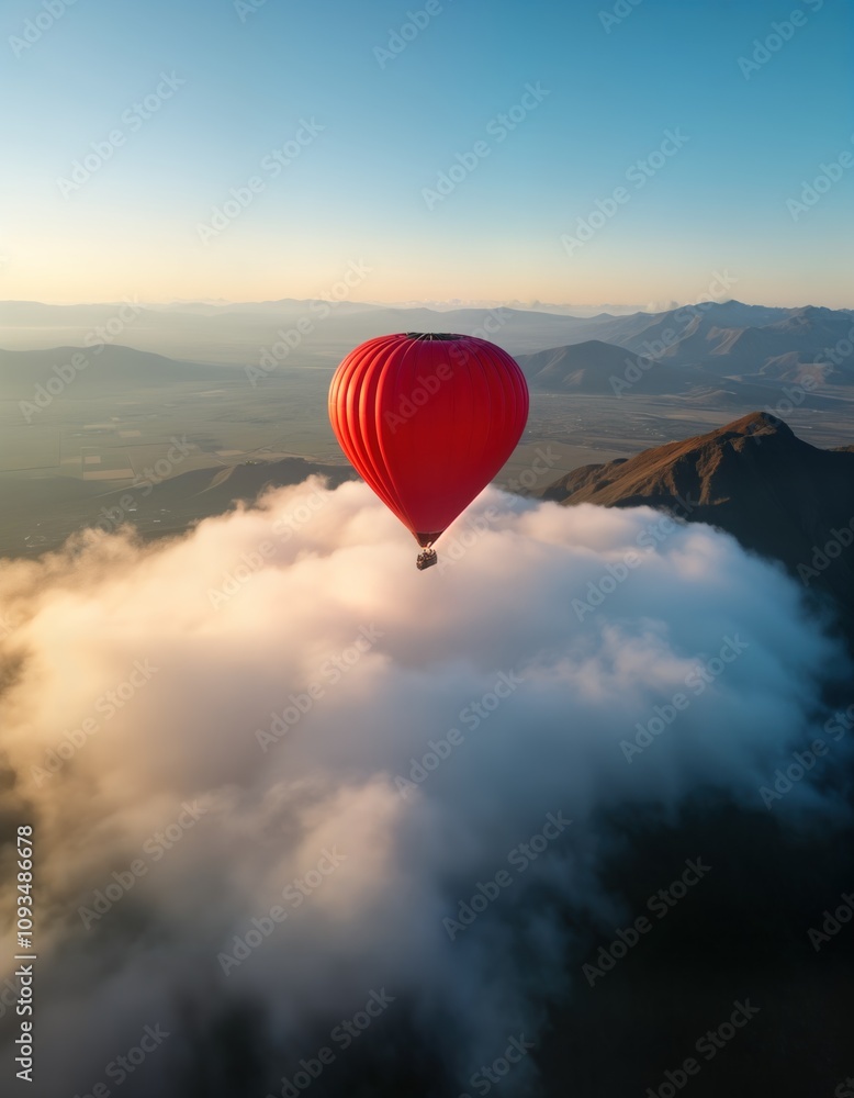 Red hot air balloon floats high above clouds over hills, mountains. Stunning view of Yarra Valley in Melbourne, Australia. Beautiful landscape with aerial perspective. Picturesque scenery. Adventure, Red hot air balloon floats high above clouds over hills, mountains. Stunning view of Yarra Valley in Melbourne, Australia. Beautiful landscape with aerial perspective. Picturesque scenery. Adventure,