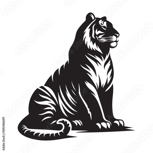 Tiger sitting majestically silhouette vector art black color design and solid white background 