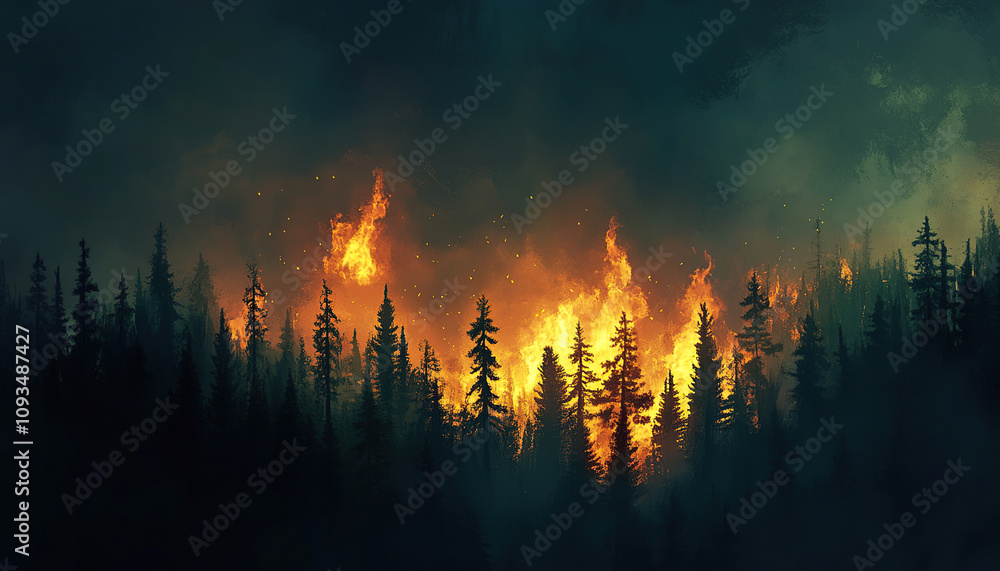 Nighttime forest wildfire scene Nighttime forest wildfire scene