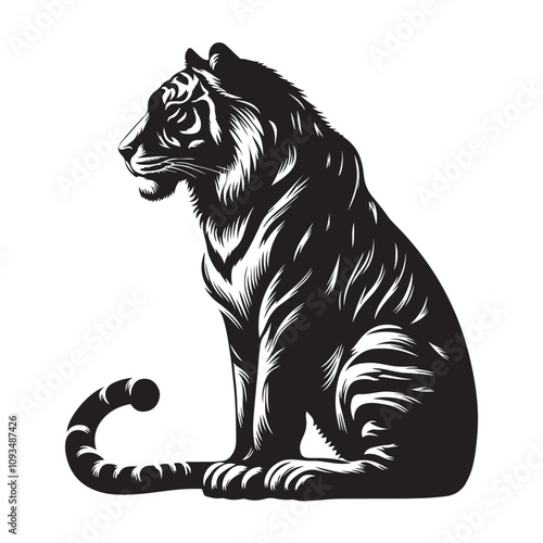 Tiger sitting majestically silhouette vector art black color design and solid white background 
