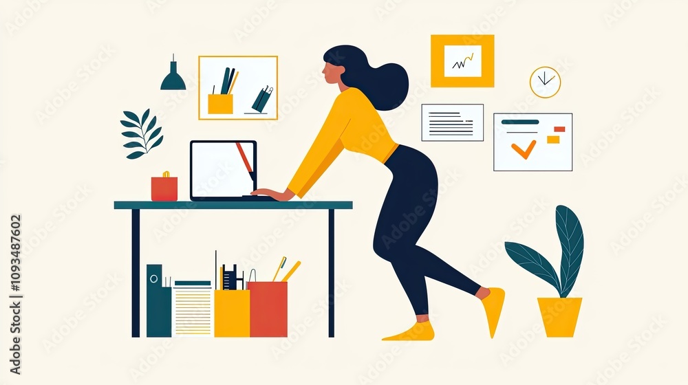 Modern Workspace Illustration Featuring a Professional Woman Engaged in Work Activities, Surrounded by Plants, Office Supplies, and Inspirational Wall Decor Modern Workspace Illustration Featuring a Professional Woman Engaged in Work Activities, Surrounded by Plants, Office Supplies, and Inspirational Wall Decor