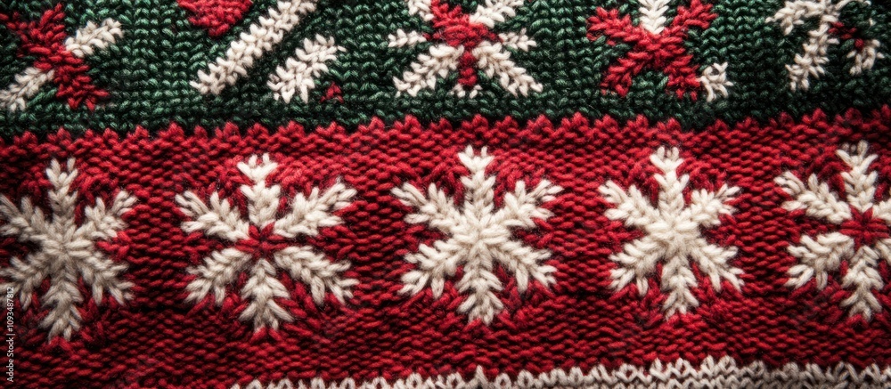 Close-up of a Festive Knitted Fabric with Red and Green Color Scheme and Snowflake Pattern Close-up of a Festive Knitted Fabric with Red and Green Color Scheme and Snowflake Pattern